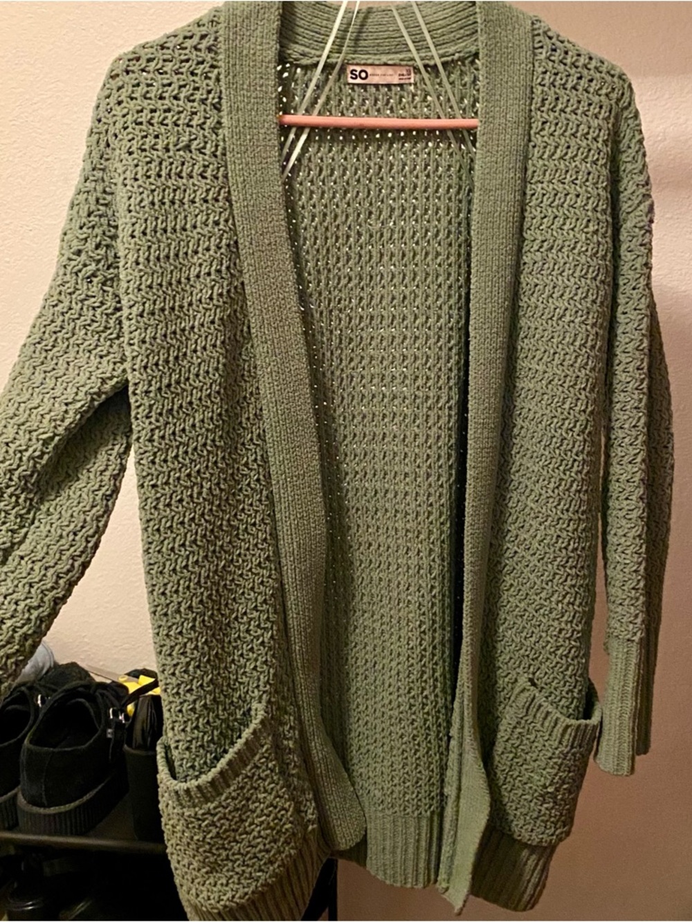 SO Olive Green Open Knit Cardigan with Pockets, Soft & Casual Everyday Cardigan